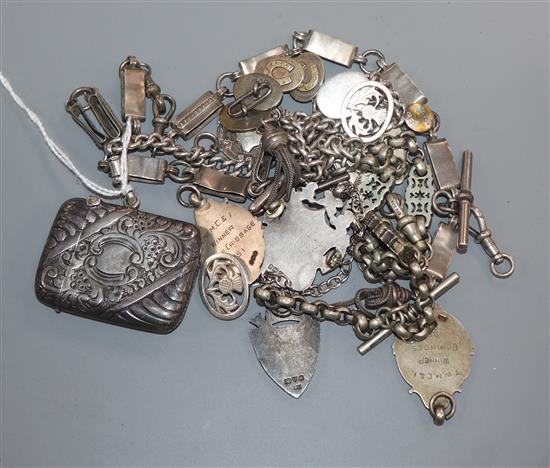 Mixed silver etc. including a vesta case, fob medallions, cufflinks and albertinas.